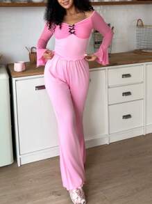 Cute Two-Tone Bow & Ruffle Trim Women Pajama Set - Pink - View 5