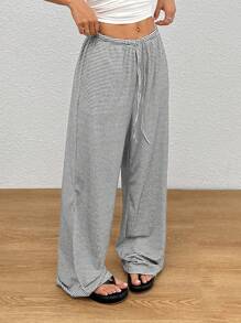 SHEIN EZwear 夏季乡村音乐会条纹印花抽绳口袋针织女裤 - 灰色 - 查看 4