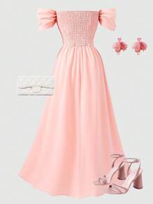 SHEIN Vestido elegante de unicolor rosa con lazo en la cintura para niñas adolescentes con hombros descubiertos - Rosa - Ver 2