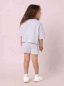 SUMWON Two-Piece Matching Set Boxy Stripe Loungewear Summer Casual Athletic Play Set Striped Outfit School Vacation Comfy Athleisure Set