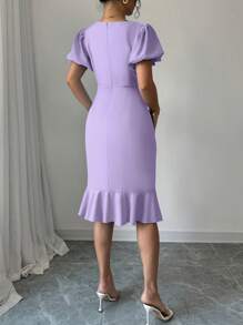 Elenzga Elegant Solid Color Petal Sleeve Ruffle Hem Dress For Summer - Purple - View 2
