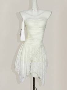 SHEIN ICON 蕾丝褶饰不对称下摆抹胸式迷你连衣裙