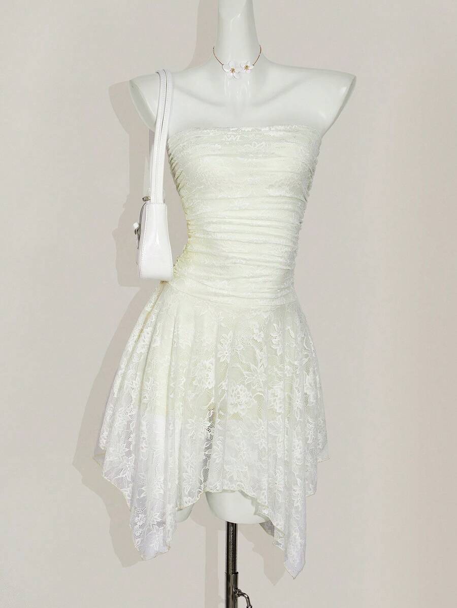 SHEIN ICON 蕾丝褶饰不对称下摆抹胸式迷你连衣裙