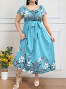 EMERY ROSE Vestido largo de manga corta y cuello redondo con estampado floral para mujer de tallas grandes, atuendo maxi para mujeres en Navidad - Celeste - Ver 3