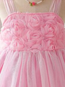 SHEIN Baby Girls' Spaghetti Strap 3D Bow Floral Tulle Party Dress. The Bow And Floral Patterns Complement Each Other, Adding A Touch Of Playfulness And Cuteness. The Puffy Silhouette Design Makes The Dress More Voluminous And Suitable For Children's Parties, Birthday Celebrations, And Other Formal Occasions, Showcasing The Elegant Charm Of A Little Princess. Let Your Baby Be The Center Of Attention Everywhere. - Pink - View 4