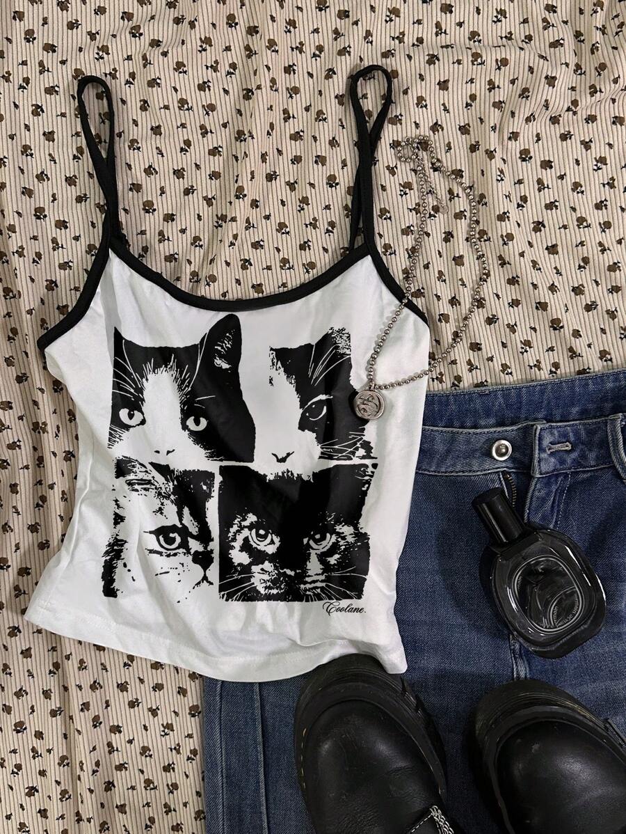 Attitoon Vintage Black & White Cat Print Women Casual Sexy Camisole Tight Fitting Color-Block Tank Top Back To School - White - View 1