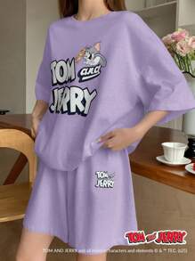 TOM AND JERRY X DAZY Casual Loose Graphic Letter Print Oversized Short Sleeve T-Shirt And Shorts Pajama Set - Mauve Purple - View 5