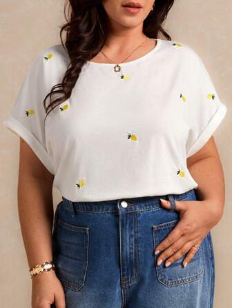 Elaquor Große Größen Sommer Lässig T-Shirt mit Zitrone Stickerei und Fledermausärmeln