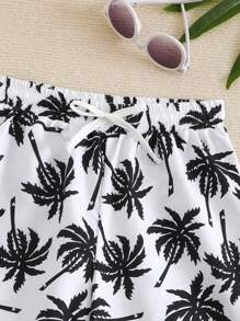 Tween Boys' Coconut Tree Print Woven Fabric Swimming Trunks - Black and White - View 4