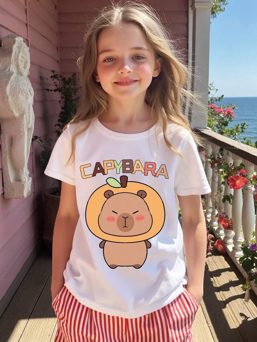 SHEIN 青少年女孩水豚印花圆领短袖可爱T恤