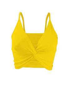 INAWLY Summer Fashion Solid Color Twist Crop Camisole Top - Yellow - View 3