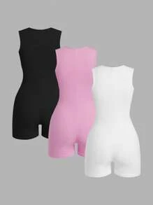 SHEIN EZwear Bộ 3 quần yếm bó sát không tay màu trơn, thường ngày mùa hè - Nhiều màu - Xem 2