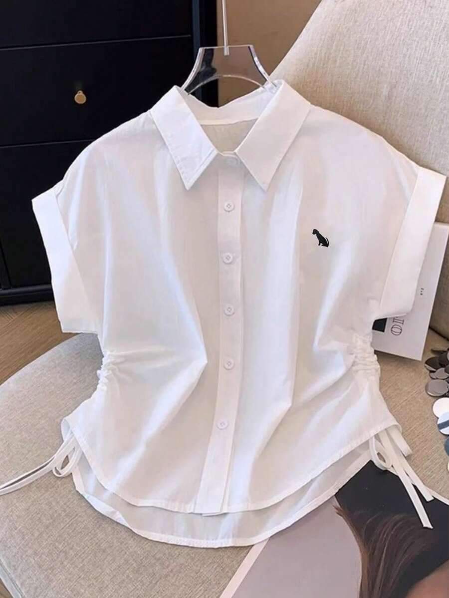 Franclia 褶饰刺绣短袖休闲通勤简约风格女式衬衫上衣，春夏