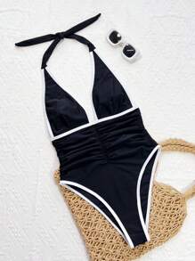 Swim SXY 1 件女士时尚连体泳衣，采用拼色设计，适合夏季 - 黑與白 - 查看 4