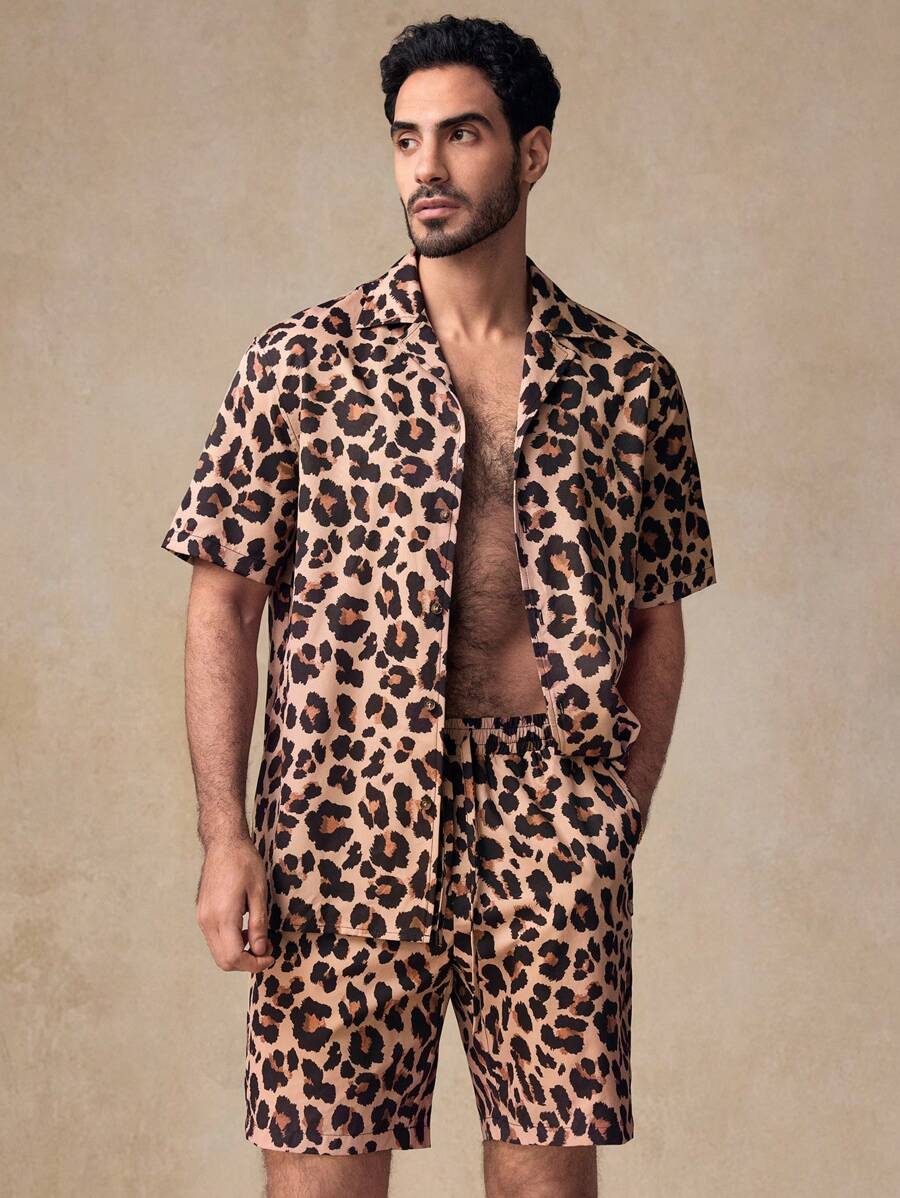 Manfinity VCAY 2 件套男士休闲豹纹梭织衬衫套装