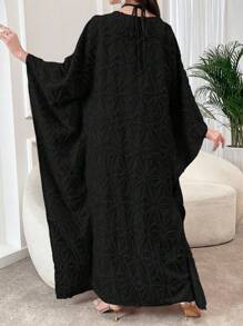 Al Najma Women's Loose Textured Elegant Solid Color Batwing Sleeve Long Blouse, Modest Kaftan - Black - View 2