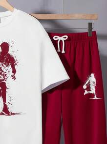 SHEIN 2 件青少年男孩休闲短袖 T 恤和长裤套装，街头朋克摇滚青少年学院日常服装，适合春夏季、音乐节、派对、运动和篮球，黑白