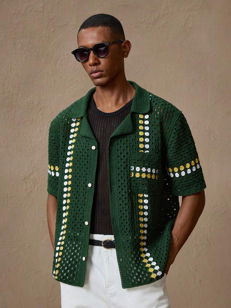 Men's Knitted Green Casual Loose Fit Reversible Collar Short Sleeve Cardigan Shirt, Suitable For Summer, Vacation, Daily Matching, Party, Couples, Men's Gift