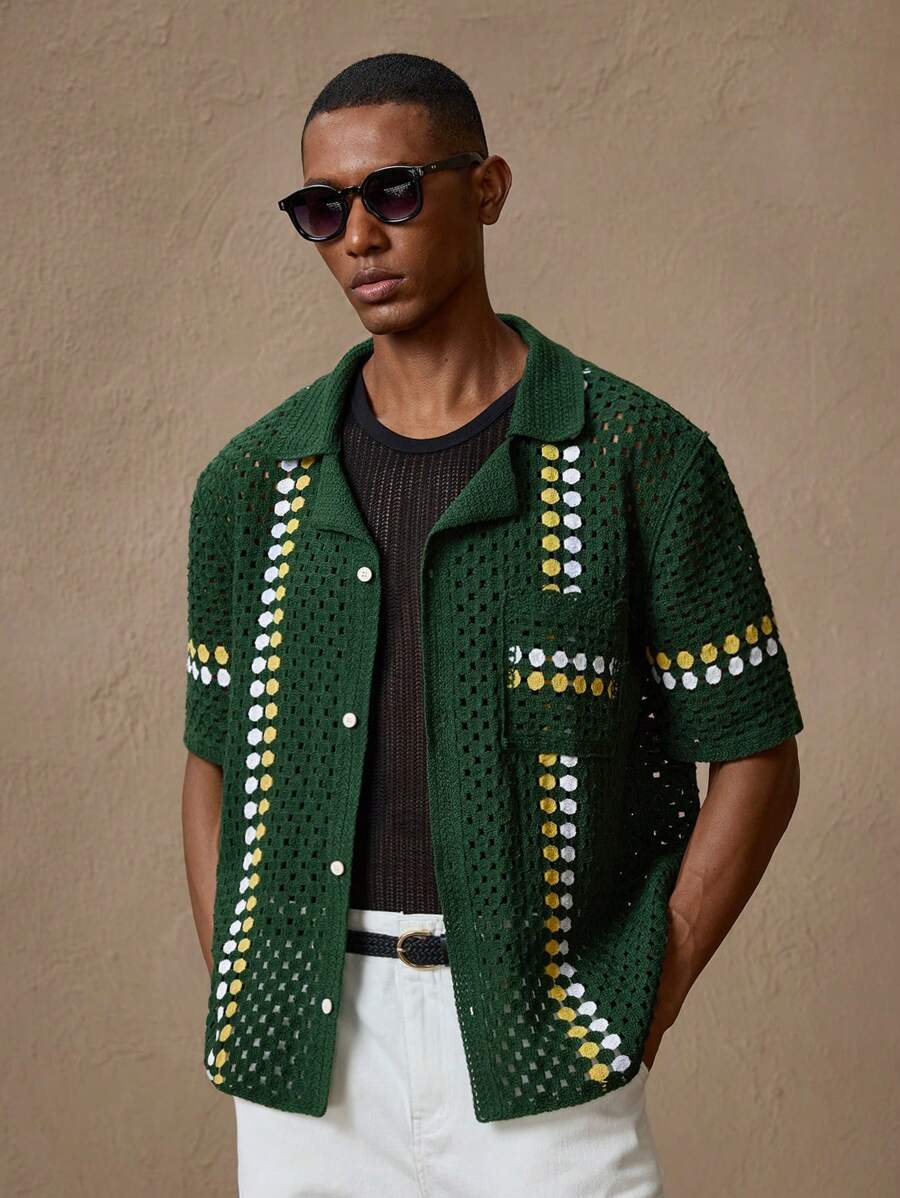 AKNOTIC Áo len cardigan tay ngắn cổ tròn dáng rộng thoải mái màu xanh lá cây cho nam, thích hợp mặc vào mùa hè, đi nghỉ, mặc hàng ngày, tiệc tùng, cặp đôi, quà tặng cho nam - Màu xanh lá cây đậm - Xem 1