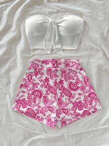 Soleia 度假风格粉色复古佩斯利图案露肩上衣和短裤套装，适合夏季