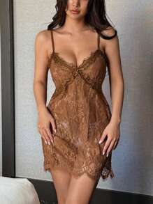 DAZY 性感透明蕾丝细肩带女士内衣睡袍 - 咖啡棕 - 查看 3