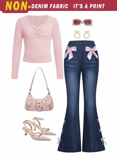 SHEIN Explorewe Bộ 2 món: Quần ống loe denim trang trí nơ thanh lịch cho bé gái tuổi teen + Áo phông bó ren, trang phục mặc ngoài mùa xuân/thu, mặc trong mùa đông