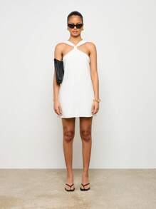 AiiRZ Halter Neck Mini Summer Linen Blend Dress Modern Minimalist Short A-Line Party Wedding Guest Race Day Resort Event Casual Sleeveless Women,Summer Dresses For Women,White Dresses For Women - White - View 3