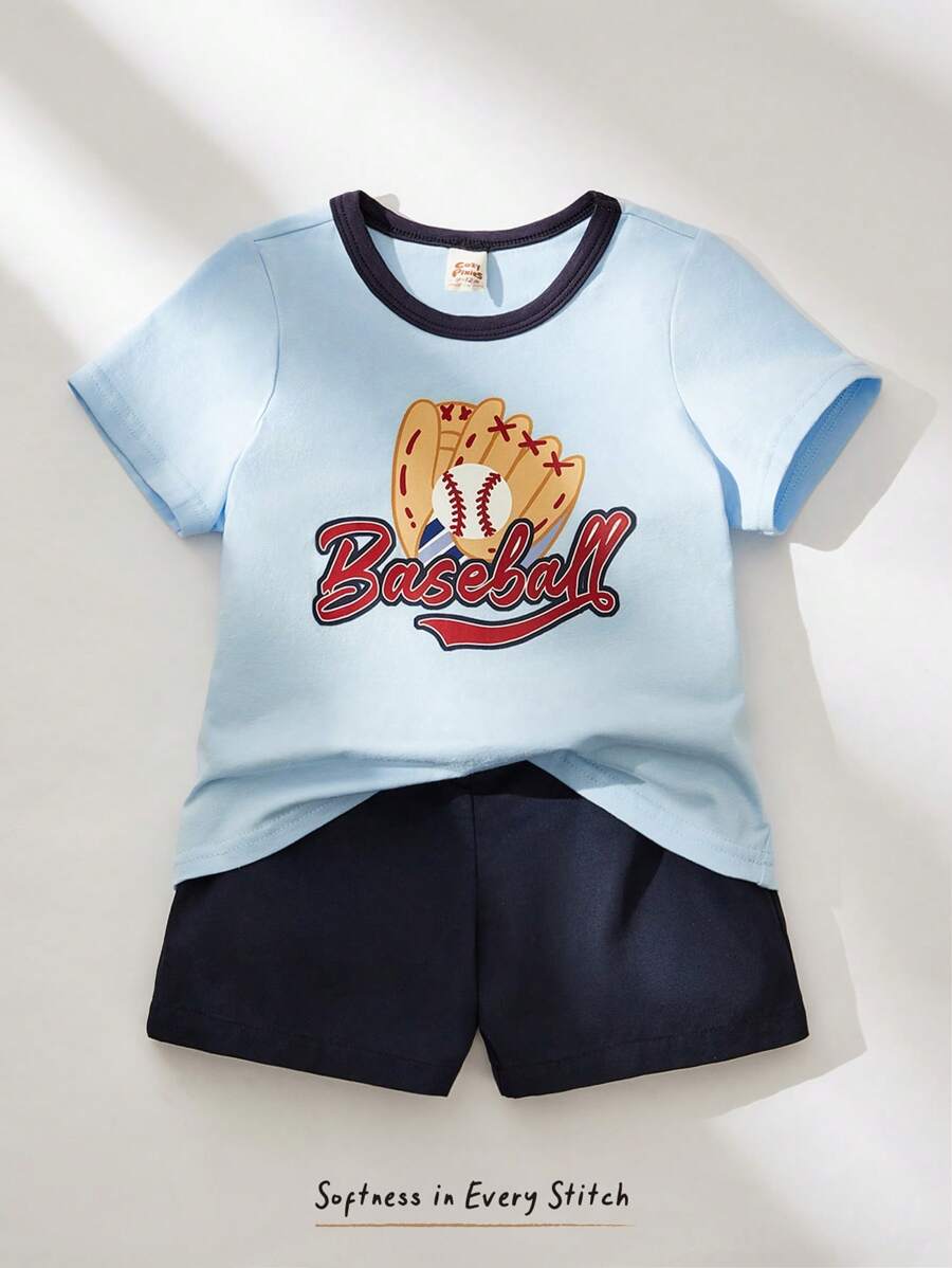 Cozy Pixies 2pcs Baby Boy Baseball Glove Pattern Contrast Color Knit Soft Round Neck Short Sleeve Top And Elastic Waist Shorts Set - Blue - View 1