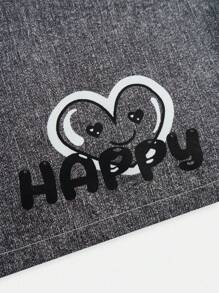 SHEIN 2pcs Teen Girls Casual Street Graffiti Print Denim Effect Wide Leg Pants + Cross Knitted Vest Set, Basic Outfit
