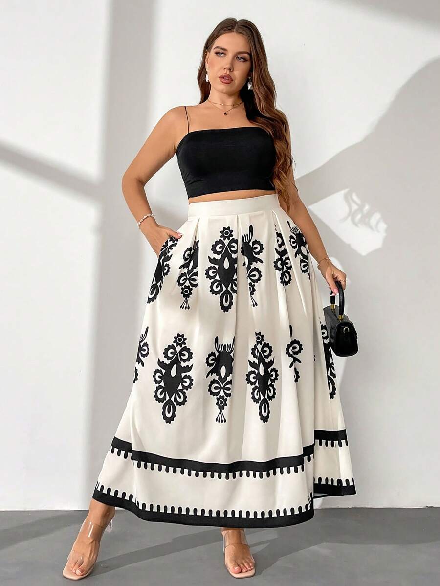 Firerie 大码女式花卉印花高腰半身裙，褶皱 A 字形，松紧腰带，有口袋，适合秋季和返校季