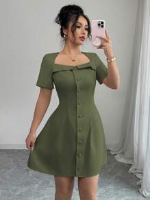 Elenzga Women's Elegant Commuter Trapeze Collar Ruffle Button Front Waist A-Line Mini Dress, Spring/Summer - Army Green - View 3