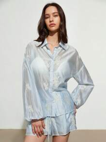 GENKIRA Set de 2 piezas con blusa suelta de manga abullonada con cuello vuelto y bordado elegante, y shorts con cordón en la cintura - Azul - Ver 4