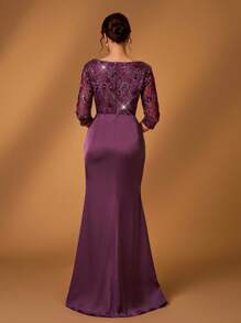 Serin 夏季优雅浪漫华丽深紫色奢华亮片网纱刺绣缎面V领七分袖褶裥微鱼尾下摆加小拖尾，适合晚宴、单身派对、约会、假日、舞会、音乐节、婚礼、新娘母亲礼服、情人节等场合。 - 藕粉色 - 查看 3