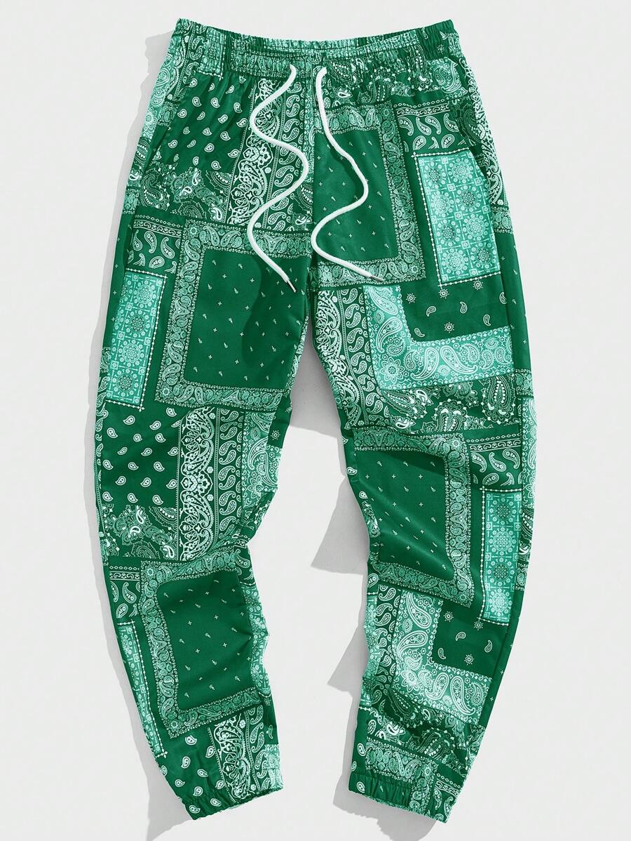 Manfinity VCAY Men's Vacation Casual Woven Patchwork Print Pants - Green - View 1