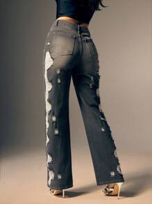 Denimoi Jeans rectos con lavado desgastado y desgarrado de moda para mujer - Gris - Ver 4