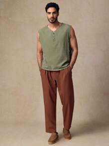 Manfinity VCAY Men's Casual Woven Fitted Half-Zip Patterned Sleeveless Tank Top, Suitable For Everyday Wear - Green - View 3