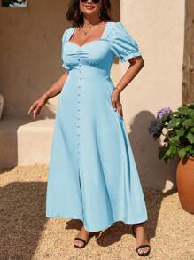 SHEIN Clasi 大码女式纯色甜心领泡泡袖优雅休闲连衣裙 - 淺藍色 - 查看 5