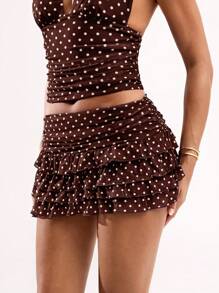 SHEIN BAE 女士度假圆点印花多层荷叶边下摆短裙 - 咖啡棕 - 查看 4