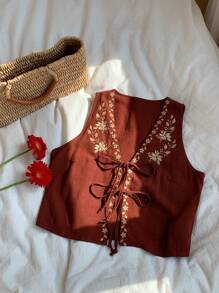 Comfortcana 女式夏季花卉刺绣前系带无袖衬衫 - 棕色 - 查看 4