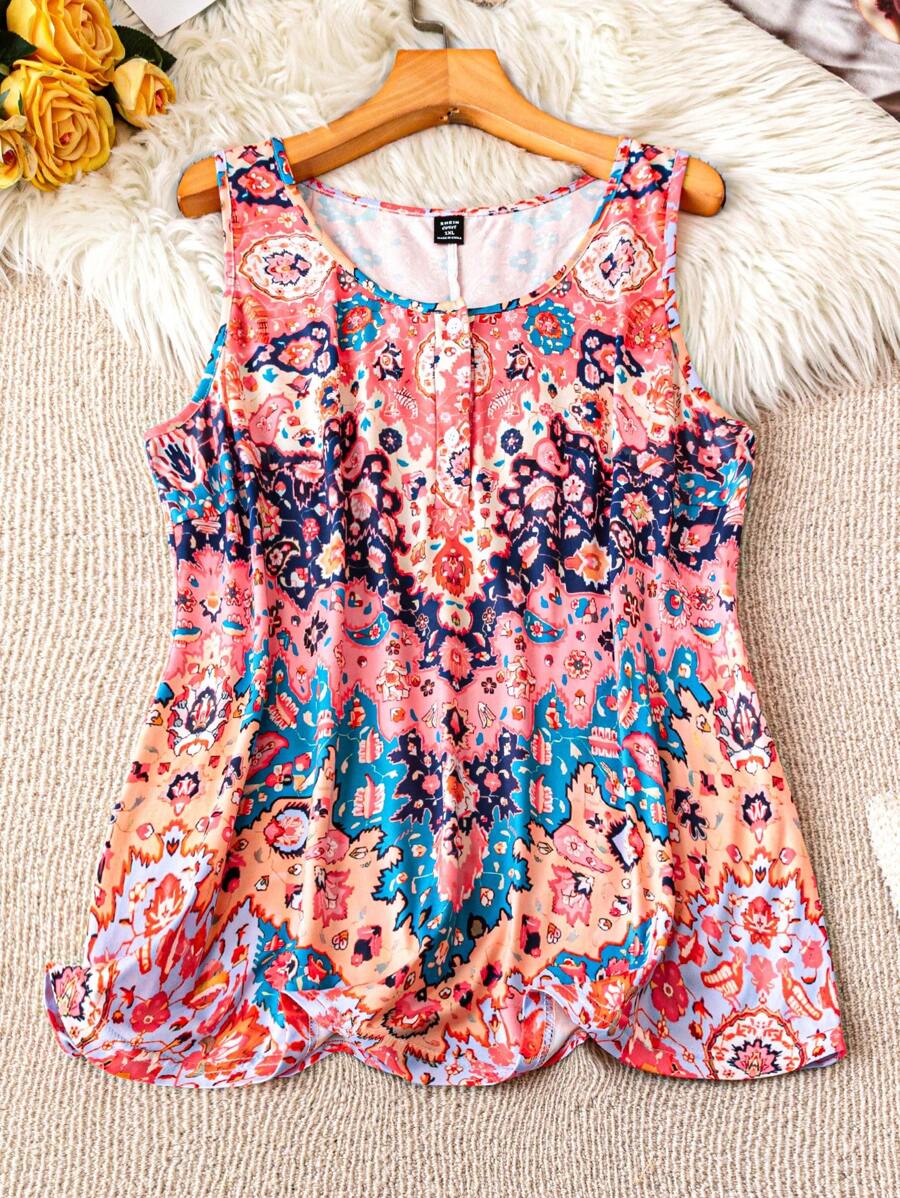 SHEIN LUNE Camiseta sin mangas de cuello redondo con estampado, para salidas casuales de verano, camisetas gráficas para mujeres de talla grande - Multicolor - Ver 1