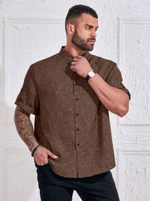 Manfinity Homme Plus Size Men Regular Fit Solid Color Rolled Sleeve Single Breasted Casual Shirt - Brown - View 4