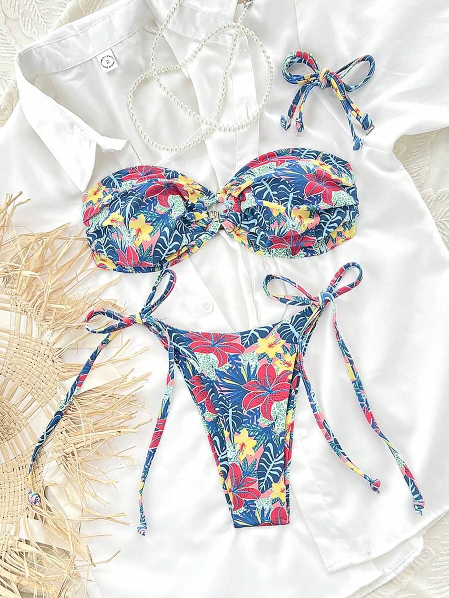 SHEIN Swim Tropical Print Tankini Swimsuit, Random Print For Summer Beach Vacation - Multicolor - View 1