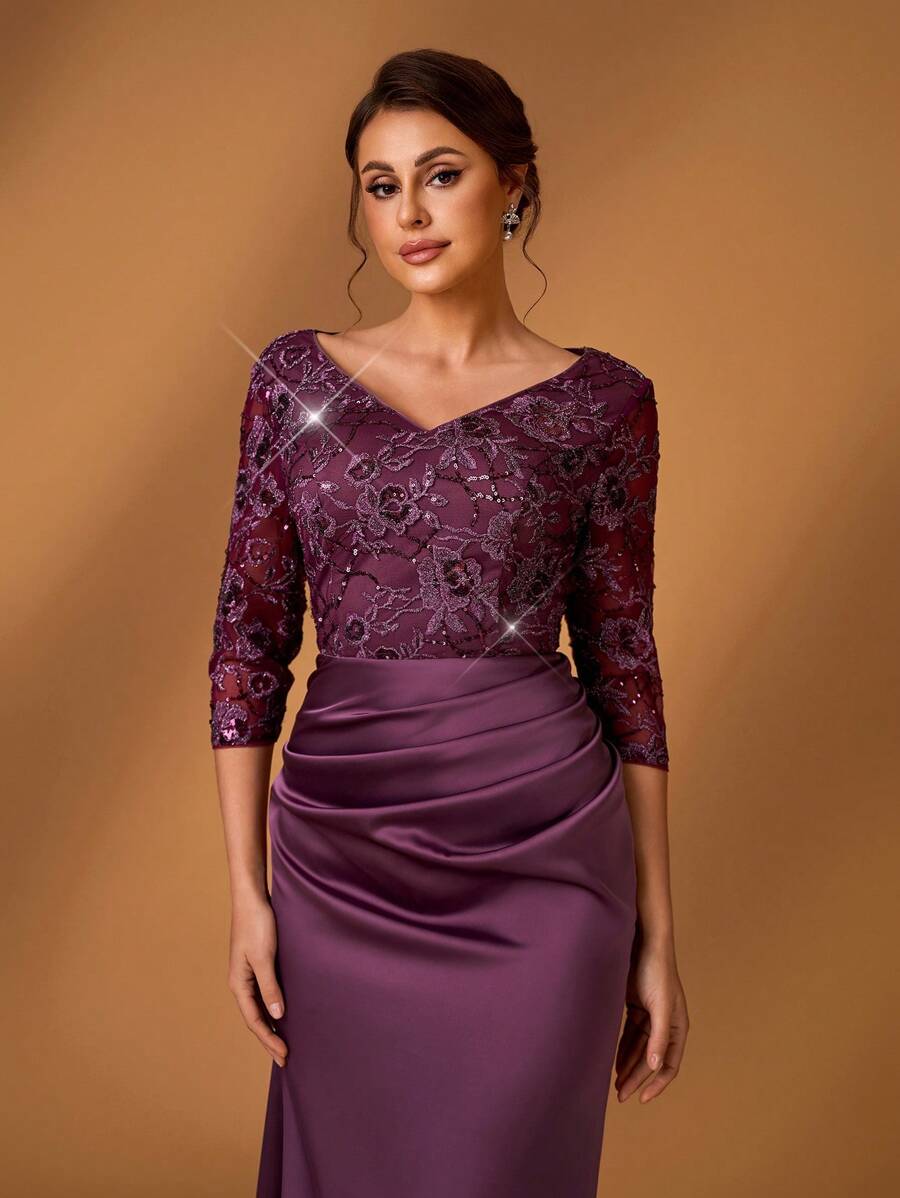 Serin 夏季优雅浪漫华丽深紫色奢华亮片网纱刺绣缎面V领七分袖褶裥微鱼尾下摆加小拖尾，适合晚宴、单身派对、约会、假日、舞会、音乐节、婚礼、新娘母亲礼服、情人节等场合。 - 藕粉色 - 查看 1