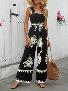 SHEIN PETITE Women's Spring/Summer Casual Vacation Apricot Base Black Floral Print Ruffle Hem Sleeveless Wide Leg Jumpsuit