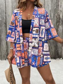 SHEIN VCAY 1set Plus Size Women Plant Print Kimono Shirt And Shorts Holiday Casual 2 Pieces Set Summer Boho Women's Clothing Brunch Outfits For Women Airport Outfit For Women Beach Vacation Outfits City Break Outfits Holiday Outfits Old Money 2 Pieces Sets European Summer - Navy Blue - View 3