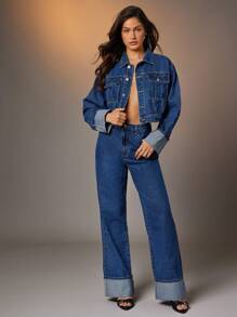 Denimoi Cuffed Sleeve Denim Jacket, Minimalist Fashion, Suitable For Spring & Autumn - Medium Wash - View 2