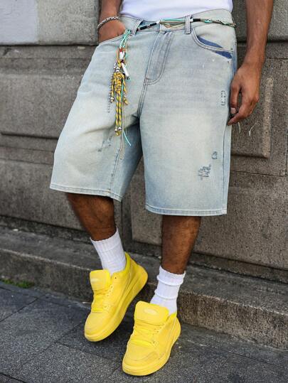 Manfinity EMRG Men's Faded Light Blue Washed Loose Fit Vintage Casual Denim Shorts Jorts Going Out Hang Out Commute College Street