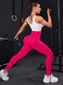 Yoga Basic 纯色简约修身无缝弹力运动紧身裤，日常休闲亮粉色