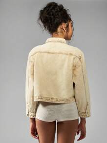 MISSGUIDED Oversized Cropped Trucker Denim Jacket Sand Washed Relaxed Fit Streetwear Grunge Y2K Fashion Lightweight Spring Summer Casual Outerwear - Apricot - View 2