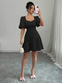 Elenzga Women's Elegant Solid Color A-Line Dress With Puff Sleeves And Waist Cinching, Suitable For Commuting, Spring/Summer - Black - View 3